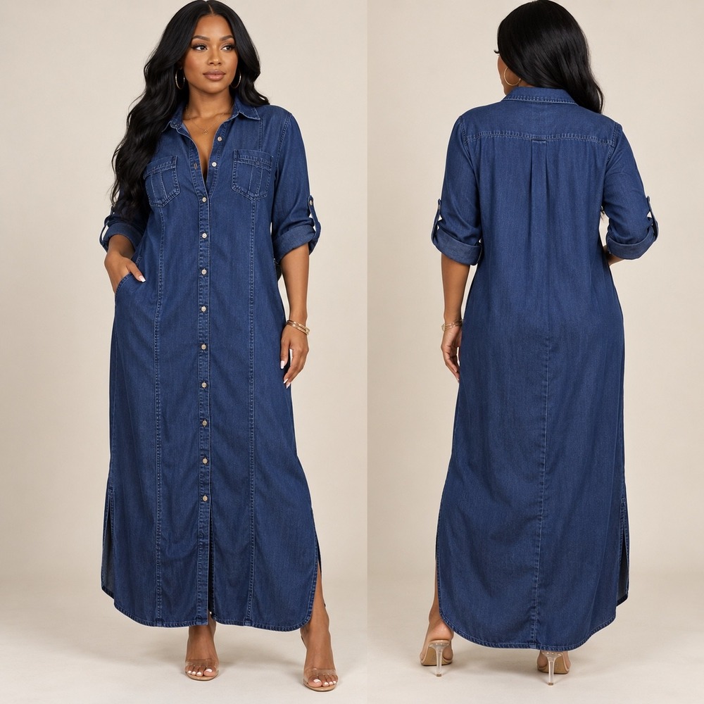 Chicos Maxi Shirtdress 2.5P/14P Tencell Chambray Roll Tab Button Front Pockets
